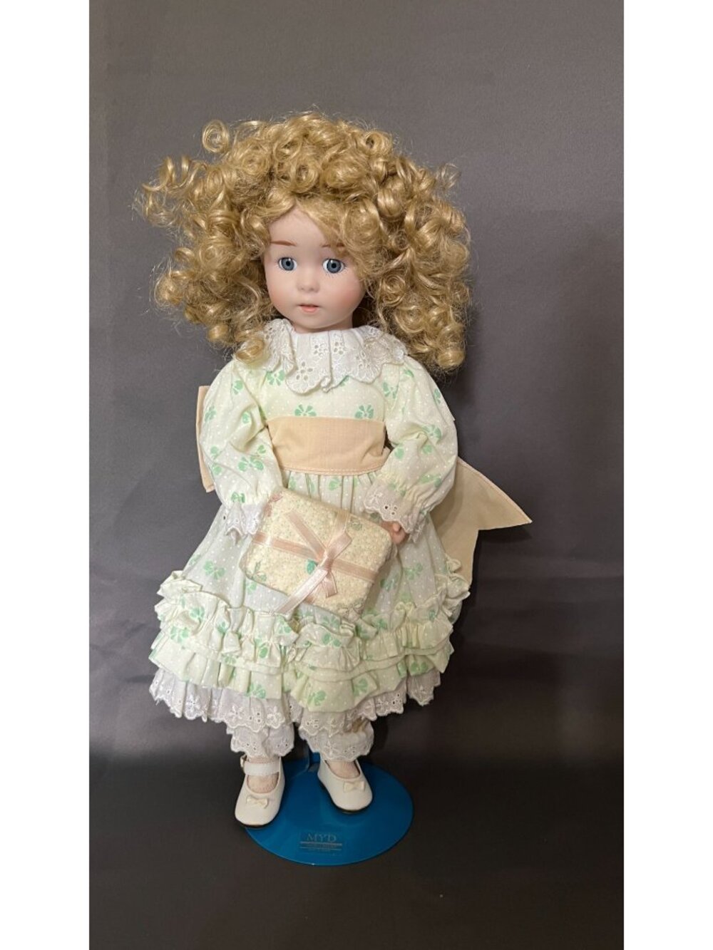 Limited Edition MYD Inc Porcelain Doll With Blonde Curls Green Floral Dress & Gi